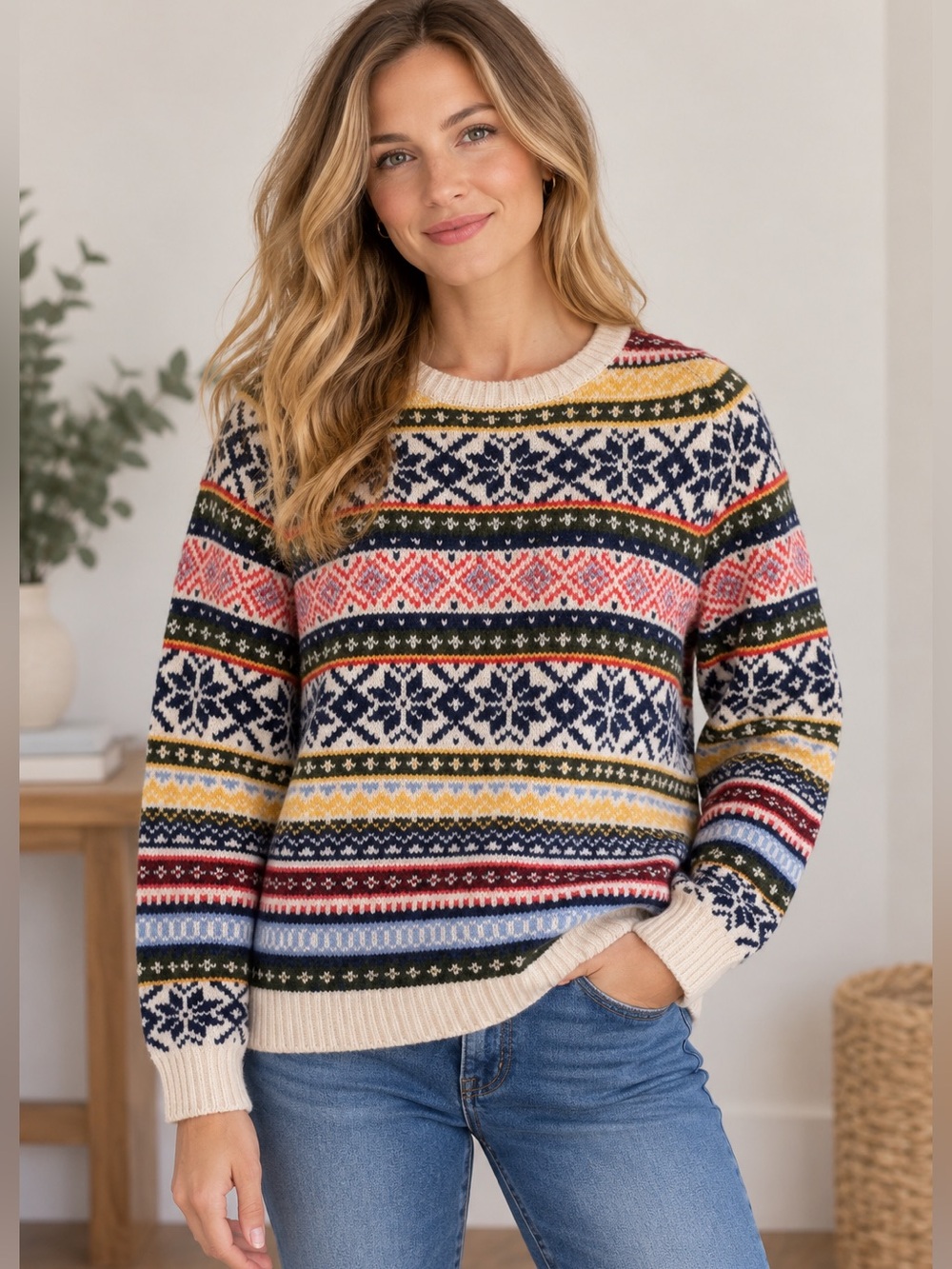 Old Navy sz M chunky crewneck fair isles patterned ski sweater